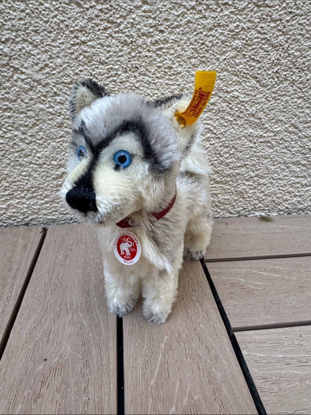Steiff "Whitey" Husky dog plush made from white and grey mohair